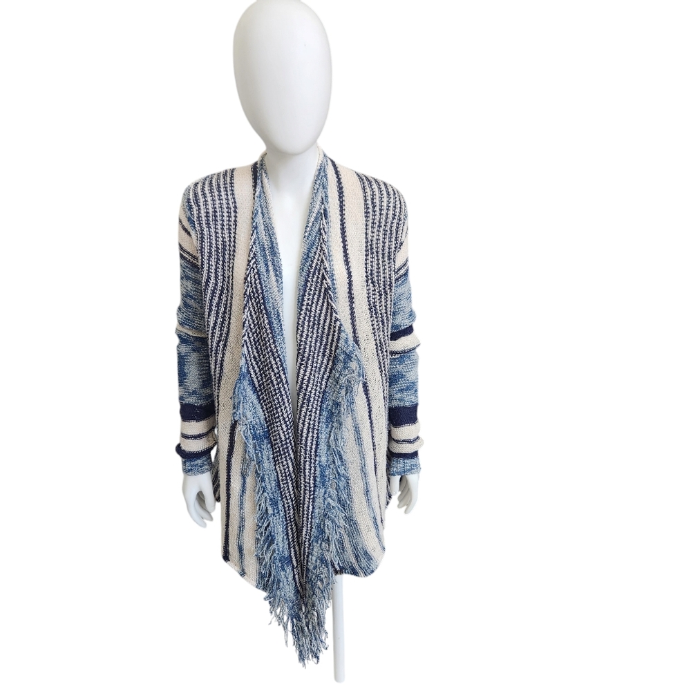 Bohemian INC Draped Cardigan Blue & White Airy Knit Hi-Low Fringed Shawl Neck M